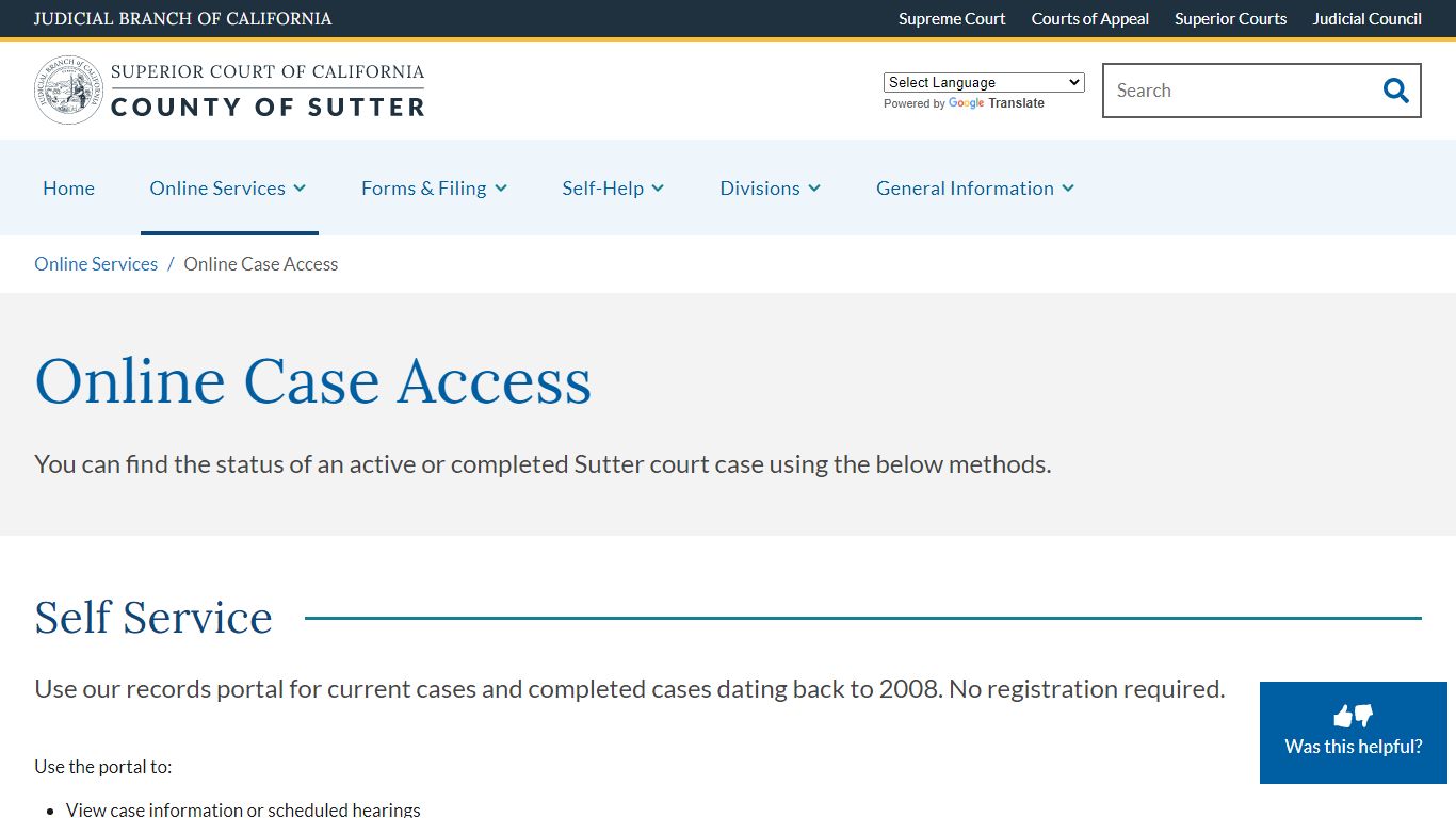 Online Case Access | Superior Court of California | County of Sutter